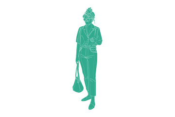 Vector illustration of casual woman walking on the sideroad with her bag, Flat style with outline