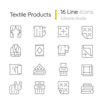 Textile products linear icons set. Home wear. Bedroom, kitchen interior decoration. Household cloths. Customizable thin line contour symbols. Isolated vector outline illustrations. Editable stroke