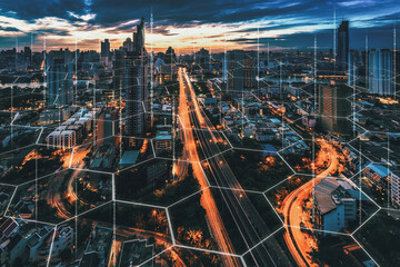 Smart Network and Connection city of Bangkok Thailand - obrazy, fototapety, plakaty