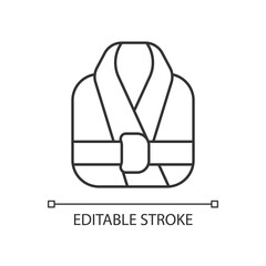 Bath robe linear icon. Clean folded clothes. Bathrobe for shower. Spa wear. Textile products. Thin line customizable illustration. Contour symbol. Vector isolated outline drawing. Editable stroke