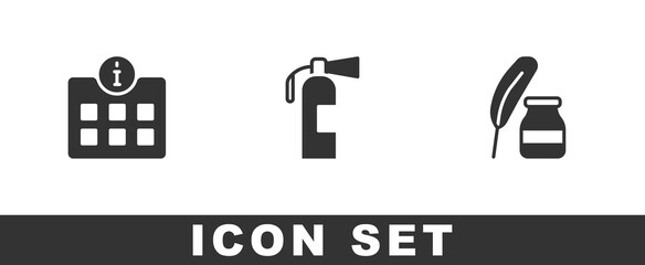 Set Information, Fire extinguisher and Feather and inkwell icon. Vector