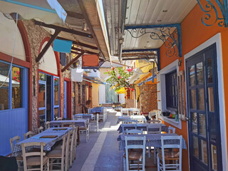 preveza city buildings  alleys taverns in the city in summer noon, greece
