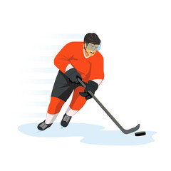 Fototapeta premium Ice hockey player in protective sportswear and helmet with a hockey stick and puck rides on skates with a battle cry. Vector flat design illustration. Character design on transparent background