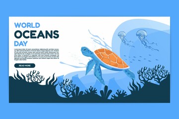 World oceans day 8 June. Save our ocean. Sea turtle and fish were swimming underwater with beautiful coral and seaweed background vector illustration.