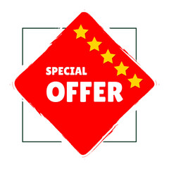 Special offer badge.  Sale coupon icon. white background. Promotional flyer design. Special offer promotion. Discount banner shape. Vector illustration banner. Big sale. 5 stars offer.