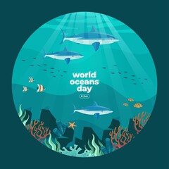 World oceans day 8 June. Save our ocean. Sharks and fish were swimming underwater with beautiful coral and seaweed background vector illustration.  © L_Nuge