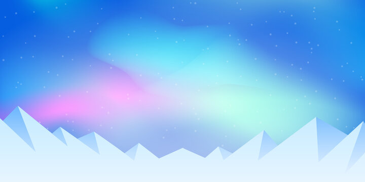 Northern polar lights. Snowdrifts, snowfall, clear blue sky, blizzard. Snowy background. Cartoon wallpaper. Cold weather, winter season. Flat landscape with mountains. Design for website 