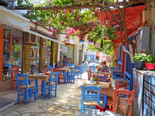 preveza city buildings  alleys taverns in the city in summer noon, greece