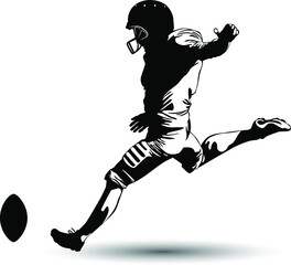 Fototapeta na wymiar Black and white image of a football player kicking the ball vector illustration