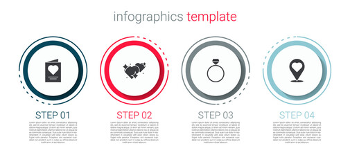 Set Greeting card, Two Linked Hearts, Diamond engagement ring and Location with heart. Business infographic template. Vector