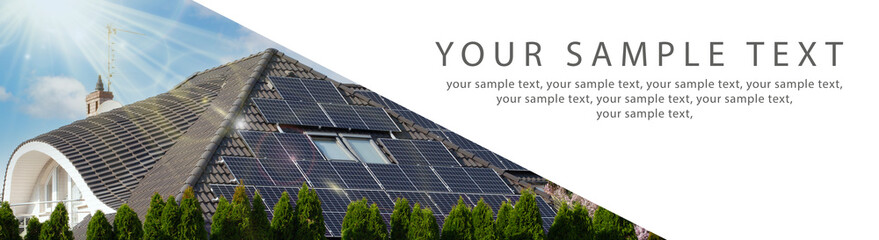 Fototapeta premium Solar PV panels on the roof of a modern house, clear sky above. Photo of a wide banner, copy space.