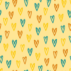 Fototapeta na wymiar Seamless pattern of bright hearts on a yellow background.