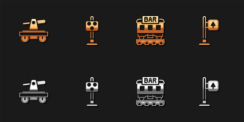 Set Draisine or handcar, Train traffic light, Restaurant train and Road signpost icon. Vector