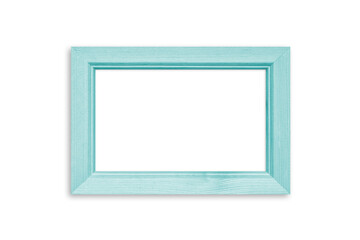 Blank photo frame isolated on white wall, light green color design