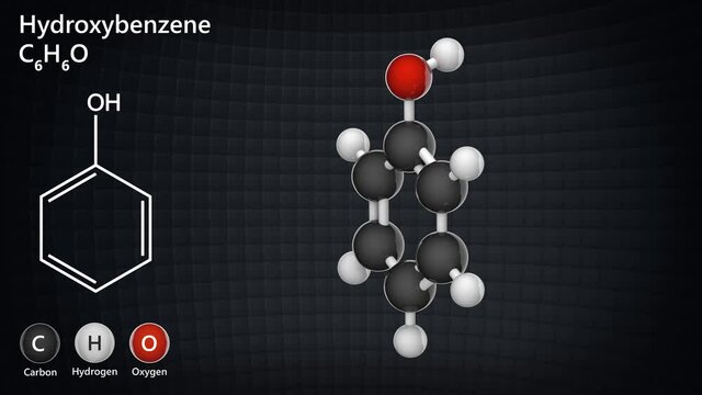 Hydroxybenzene (Carbolic acid, Phenylic acid). Used as a germicidal agent. Highly toxic. Formula: C6H6O. 3D render. Seamless loop. Chemical structure model: Ball and Stick.