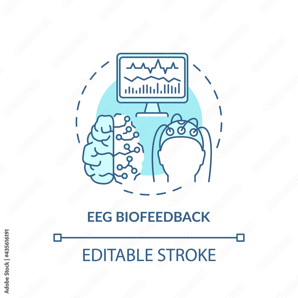 Sticker eeg biofeedback concept icon. addiction treatment methods. neurotherapy of brain. human health abstr