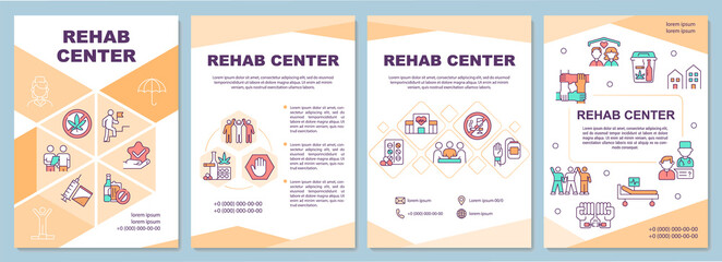 Fototapeta na wymiar Rehab center brochure template. Patient addiction treatment. Flyer, booklet, leaflet print, cover design with linear icons. Vector layouts for presentation, annual reports, advertisement pages