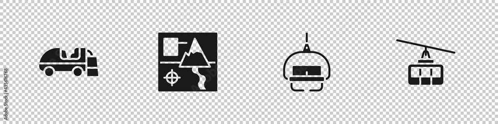 Sticker Set Ice resurfacer, Folded map, Ski lift and Cable car icon. Vector