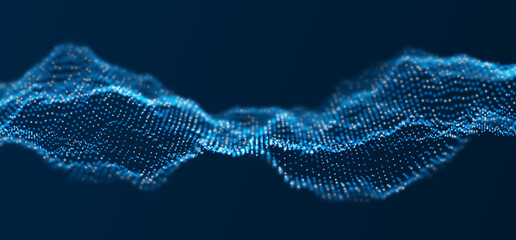 Wave of blue particles. Abstract technology flow background. Sound mesh pattern or grid landscape. Digital data structure consist dot elements. Future vector illustration.