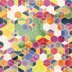 Seamless pattern of hexagons in random colors in watercolor. High quality illustration. Tile mosaic arrangement of triangles, trapezoids, and hexagons, in honeycomb arrangement. Design for print.