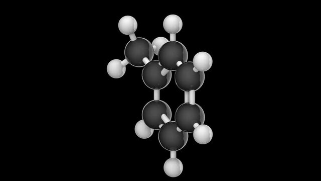 Methylbenzene (phenyl methane, toluene, anisen) is a widely used industrial solvent. Formula: C7H8. 3D render. Seamless loop. RGB + Alpha (Transparent) channel