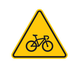 Vector yellow triangle sign - black silhouette bicycle. Isolated on white background.