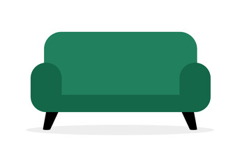 Comfortable green sofa on white background. Flat cartoon-style vector illustration.