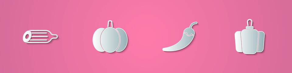 Set paper cut Fresh cucumber, Pumpkin, Hot chili pepper pod and Bell icon. Paper art style. Vector