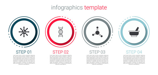 Set Bacteria, DNA symbol, Molecule and Mortar and pestle. Business infographic template. Vector