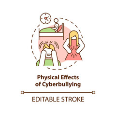 Physical cyberbullying effects concept icon. Negative consequences idea thin line illustration. Trouble sleeping. Stomachache, discomfort. Vector isolated outline RGB color drawing. Editable stroke