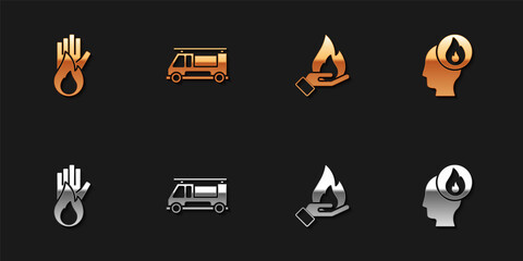 Set No fire, Fire truck, Hand holding a and Firefighter icon. Vector