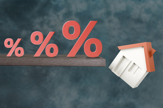 Rising percentages throw off the house. Mortgage payment problems metaphor. 3d illustration