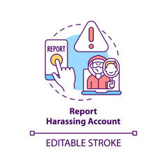Reporting harassing account concept icon. Cyberbullying prevention idea thin line illustration. Informing about abusive messages, comments. Vector isolated outline RGB color drawing. Editable stroke