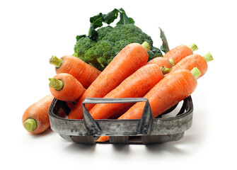 fresh carrot, broccoli vegetable on white background