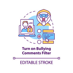 Turning on bullying comments filter concept icon. Cyberbullying prevention idea thin line illustration. Anti-bullying option on social media. Vector isolated outline RGB color drawing. Editable stroke