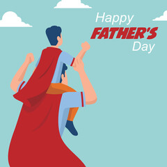 Father giving son ride on back wearing red cape . Portrait of happy fathers day