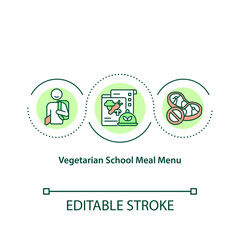 Vegetarian school meal menu concept icon. Cooking food from organic vegetables and fruits. Healthy foods idea thin line illustration. Vector isolated outline RGB color drawing. Editable stroke