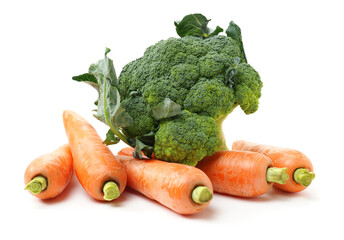 fresh carrot, broccoli vegetable on white background