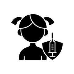 Vaccination of kids black glyph icon. Children immunization during virus pandemic. Drug injection, disease treatment. Health, medicine. Silhouette symbol on white space. Vector isolated illustration