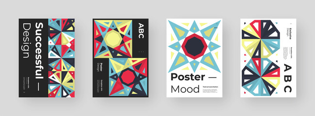 Abstract set Placards, Posters, Flyers, Banner Designs. Colorful geometric illustration on vertical A4 format. Flat shapes ornament. Decorative backdrop. Eps10