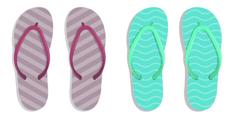 Beach rubber slippers in cartoon style stand on sandy seashore. Beach shoes. Color vector