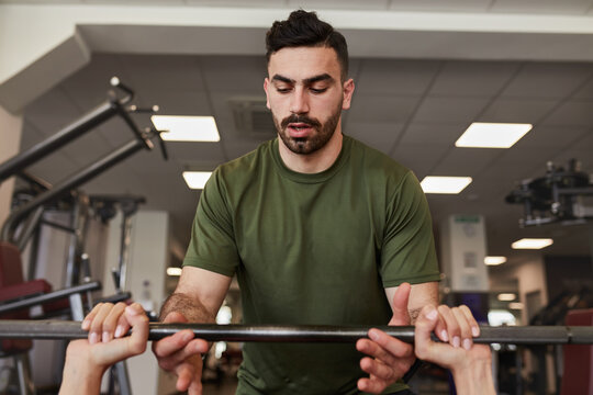 Handsome Bearded Personal Trainer Spotting, Bench Press Weightlifting