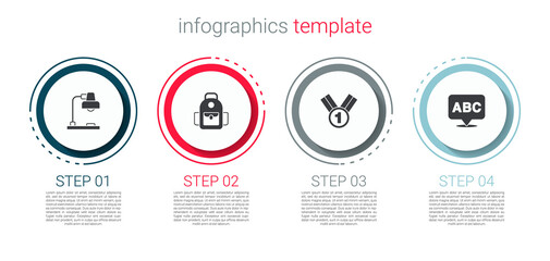 Set Table lamp, School backpack, Medal and Alphabet. Business infographic template. Vector