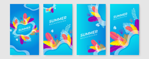 Trendy summer colourful abstract square art templates with floral tree and geometric elements. Suitable for social media posts, mobile apps, banners design and web/internet ads. Fashion backgrounds.