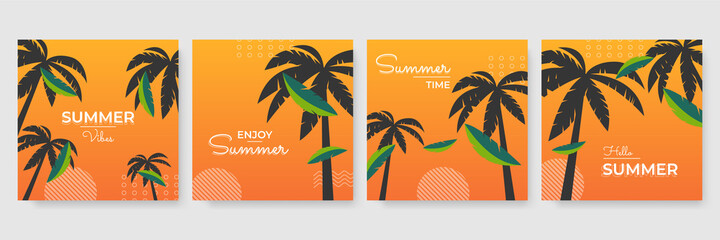 Trendy summer colourful abstract square art templates with floral tree and geometric elements. Suitable for social media posts, mobile apps, banners design and web/internet ads. Fashion backgrounds.