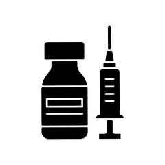 Vaccine bottle black glyph icon. Vial with drug and syringe. Pharmaceutical remedy. Medication for flu. Disease treatment. Health care. Silhouette symbol on white space. Vector isolated illustration