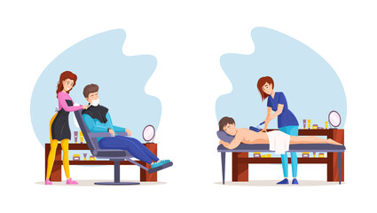 Collection of beauty spa procedures hair removing at salon. Set of female beautician work with clients, shaving, rolling hair body depilation use equipment