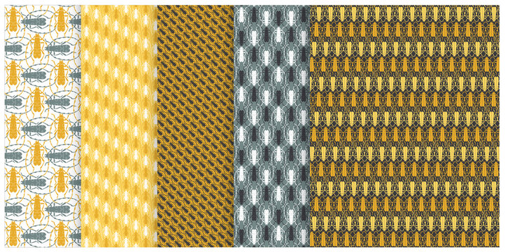 Set of 5 different, simple, seamless patterns with silhouettes of longhorn beetle insects.