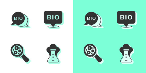 Set Chemical explosion, Bio healthy food, Microorganisms under magnifier and icon. Vector