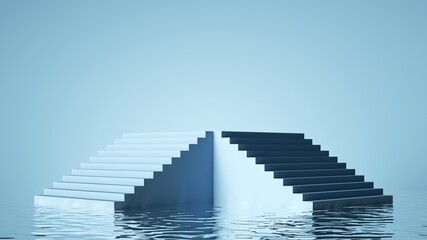 3d render, abstract blue background, empty staircase pedestal, empty podium for product presentation with reflections in the water. Modern minimal showcase